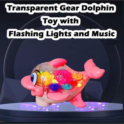 Transparent 3D Dolphin Toy 360 Degree Rotation,  Gear with Sound and Light (Multicolor)