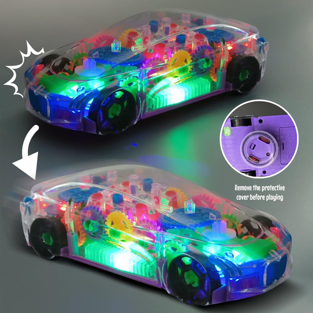 Concept Gear Racing Car with 3D Flashing Led Lights & Music for Kids - Transparent