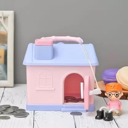 Money/Hut shaped Saving Plastic Coin Bank with Lock