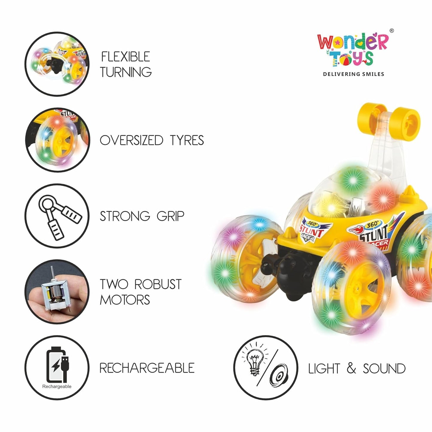 KIDZKOLLECTION Stunt Roll Car Wireless Remote Control  with Colorful lighting and light spray, Download App for remote, 2.4GHZ speed