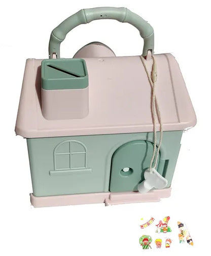 Money/Hut shaped Saving Plastic Coin Bank with Lock